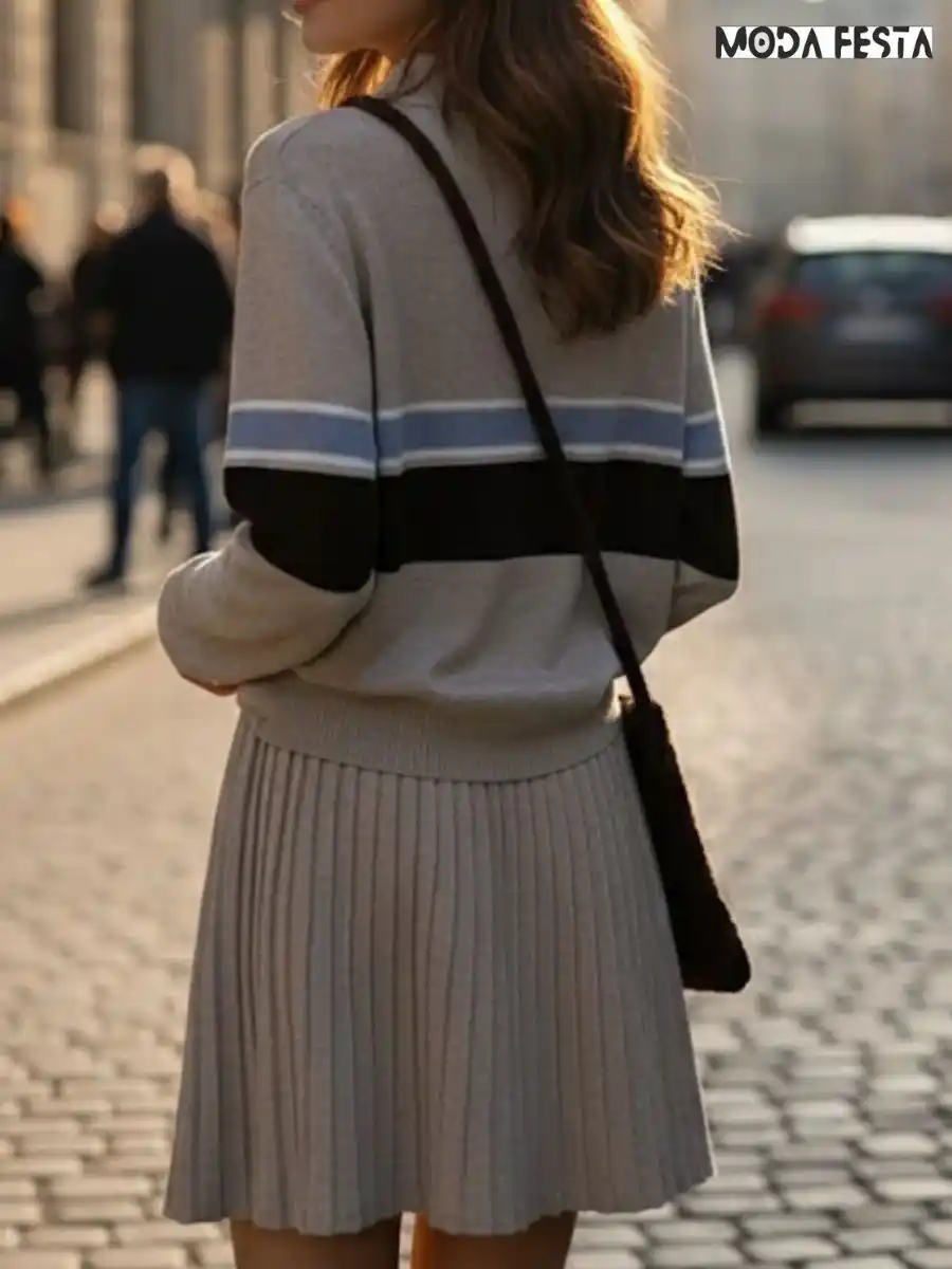 ModaFesta -striped-polo-neck-skirt coored-set-beige